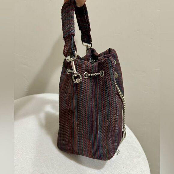 Colorful Stripe  Genuine Woven Leather Drawstring Bucket Bag & 3 Strap Styles - Picture 7 of 16